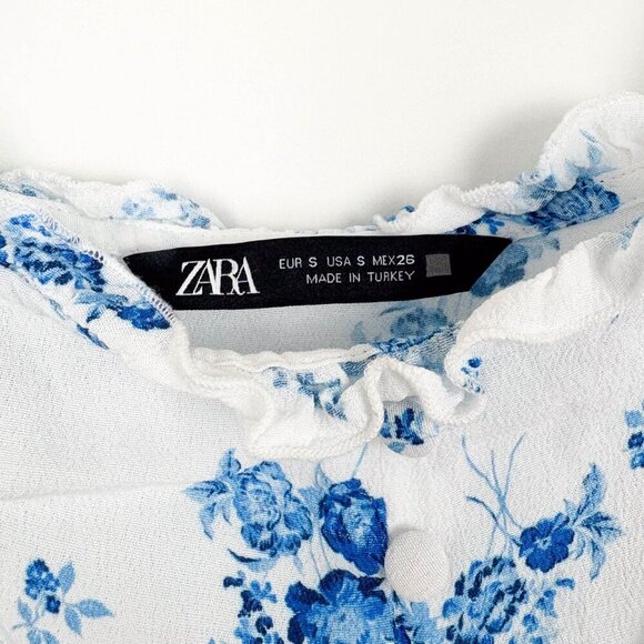 ZARA Womens Blue Floral Mini Sun Dress White Small Porcelain Short Sleeve - Picture 4 of 6